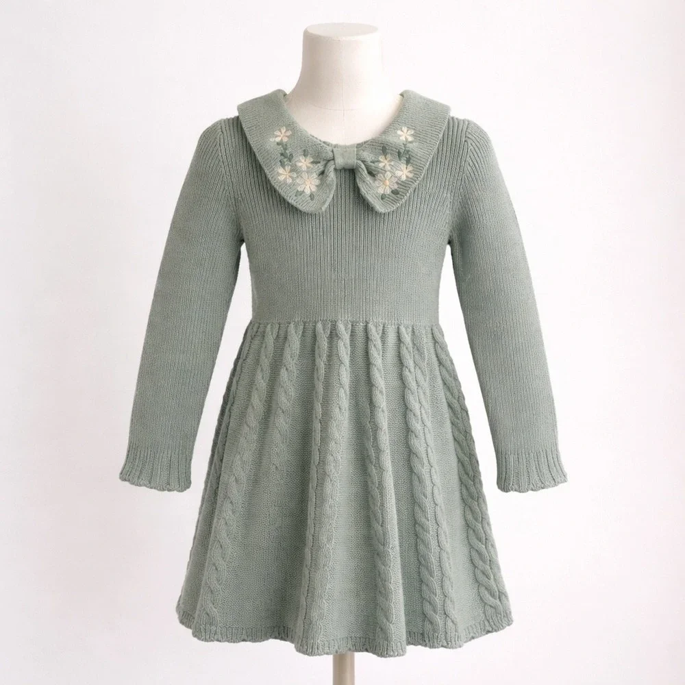 Cupcakes &‎ Cashmere Girls XS 4 Mint Green Cable Knit Sweater Dress Embroidered